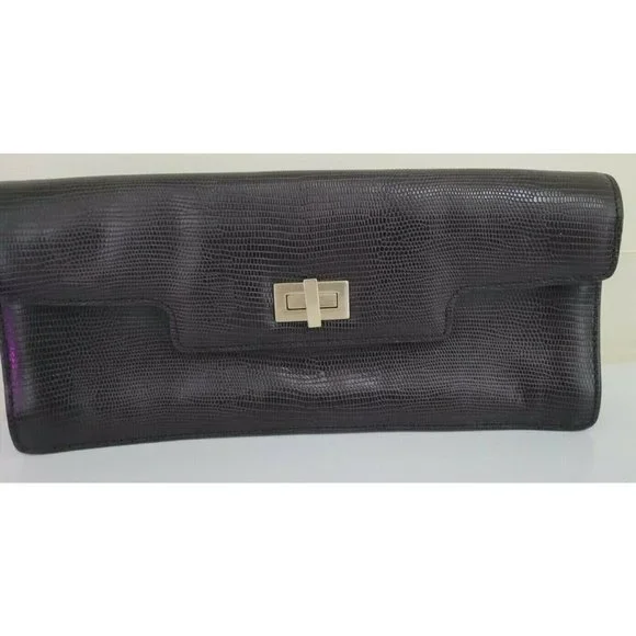 Antonio Melani Lizzard Croc Embossed Brown Leather Turn LockClutch Handbag Purse - Picture 1 of 9